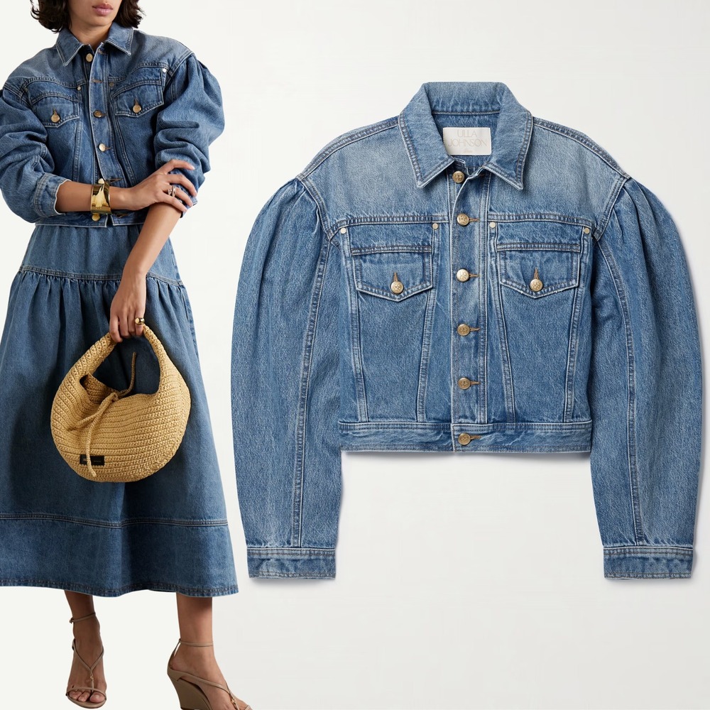 Ulla Johnson‎ Cosette Denim Jacket Petite XS Puff Sleeve Cropped Gold Button